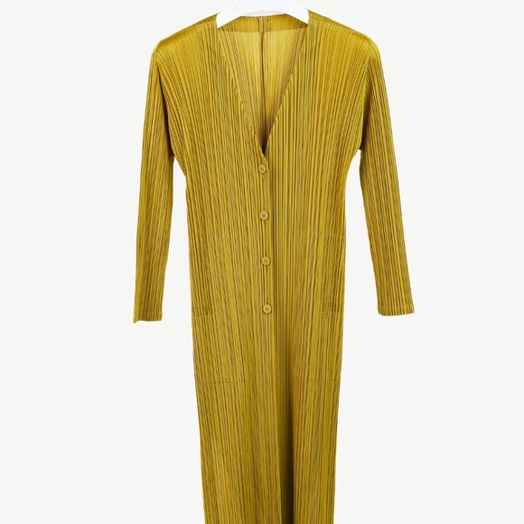 Issey Miyake Pleats Please Chartreuse Pleated Long Buttoned Cardigan - Picture 1 of 10